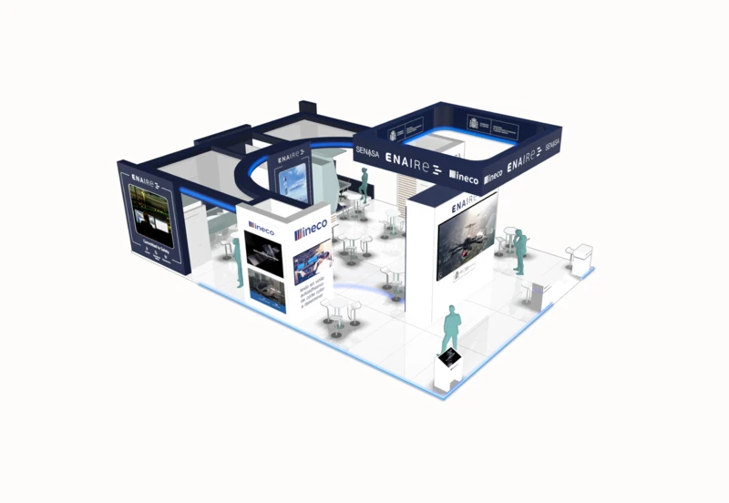 Recreación virtual del stand de ENAIRE, Senasa e Ineco en Airspace World 2026. Foto: Enaire